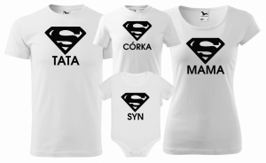 Zestaw koszulek rodzinnych na sesje wakacje 2+2 SUPER MAMA TATA SYN CÓRKA
