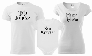 Zestaw koszulek rodzinnych na sesje wakacje 2+1 TATA MAM SYN IMIONA