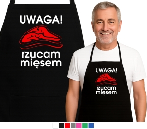 Fartuch kuchenny UWAGA RZUCAM MIĘSEM prezent na urodziny 