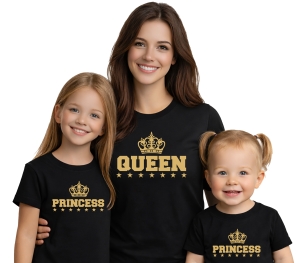Zestaw dla Mamy i Córek 2+1 koszulki, body QUEEN PRINCESS PRINCESS
