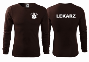 WYPRZEDAŻ 1szt. ROZMIAR XL Koszulka męska z długim rękawem LEKARZ nadruk PRZÓD I TYŁ - KAWOWA