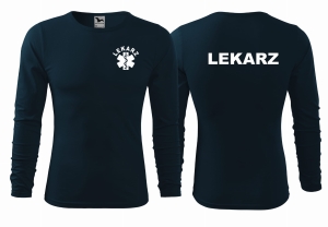 WYPRZEDAŻ 1szt. ROZMIAR XL Koszulka męska z długim rękawem LEKARZ nadruk PRZÓD I TYŁ - GRANATOWA