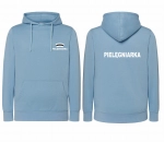 WYPRZEDAŻ 1szt. rozmiar S Bluza damska z kapturem kangurka JHK PIELĘGNIARKA CZEPEK nadruk PRZÓD i TYŁ  BŁĘKITNA