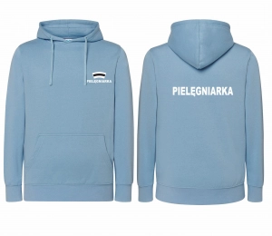 WYPRZEDAŻ 1szt. rozmiar S Bluza damska z kapturem kangurka JHK PIELĘGNIARKA CZEPEK nadruk PRZÓD i TYŁ  BŁĘKITNA