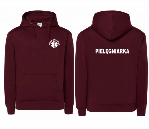 WYPRZEDAŻ 1szt. rozmiar XL Bluza damska z kapturem kangurka JHK PIELĘGNIARKA ESKULAP nadruk PRZÓD i TYŁ- BURGUND