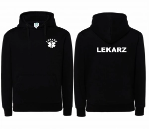 WYPRZEDAŻ 1szt. rozmiar M Bluza damska z kapturem kangurka JHK LEKARZ nadruk PRZÓD i TYŁ  - CZARNA