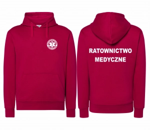 WYPRZEDAŻ 1szt. rozmiar S Bluza damska z kapturem kangurka JHK RATOWNICTWO MEDYCZNE nadruk PRZÓD i TYŁ - MALINOWA