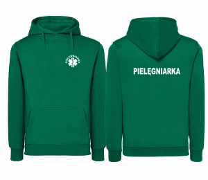 WYPRZEDAŻ 1szt. rozmiar XS Bluza damska z kapturem kangurka JHK PIELĘGNIARKA ESKULAP nadruk PRZÓD i TYŁ- ZIELEŃ TRAWY