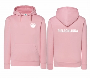 WYPRZEDAŻ 1szt. rozmiar L Bluza damska z kapturem kangurka JHK PIELĘGNIARKA ESKULAP nadruk PRZÓD i TYŁ- JASNY RÓŻ)