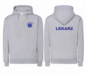 WYPRZEDAŻ 1szt. rozmiar XXL Bluza damska z kapturem kangurka JHK LEKARZ nadruk PRZÓD i TYŁ  - JASNO SZARA