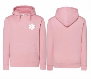 WYPRZEDAŻ 1szt. rozmiar S Bluza damska z kapturem kangurka JHK ESKULAP ZNAK MEDYCZNY nadruk PRZÓD - JASNY RÓŻ