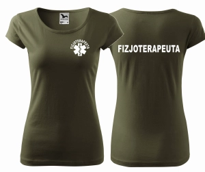 WYPRZEDAŻ 1 SZT   ROZMIAR XL Koszulka damska PURE FIZJOTERAPEUTA ESKULAP nadruk PRZÓD I TYŁ MILITARNA
