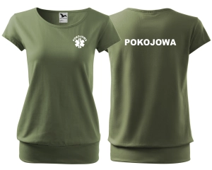 WYPRZEDAŻ 1 SZT ROZM XL Koszulka damska CITY POKOJOWA+ ESKULAP nadruk PRZÓD I TYŁ  KHAKI (ZDJ)