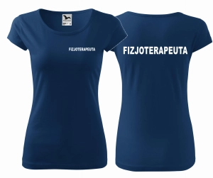 WYPRZEDAŻ 1 SZT ROZMIAR XL Koszulka damska PURE FIZJOTERAPEUTA NAPISY nadruk PRZÓD I TYŁ CIEMNONIEBIESKA