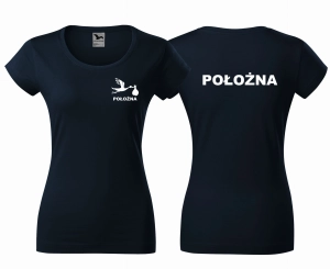 WYPRZEDAŻ 1 SZT ROZMIAR XS Koszulka damska VIPER POŁOŻNA BOCIAN nadruk PRZÓD I TYŁ GRANATOWA