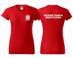 WYPRZEDAŻ 1 SZT ROZMIAR XL Koszulka damska BASIC SEKRETARKA MEDYCZNA + ESKULAP nadruk PRZÓD I TYŁ CZERWONA