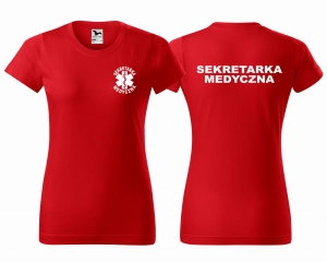WYPRZEDAŻ 1 SZT ROZMIAR XL Koszulka damska BASIC SEKRETARKA MEDYCZNA + ESKULAP nadruk PRZÓD I TYŁ CZERWONA